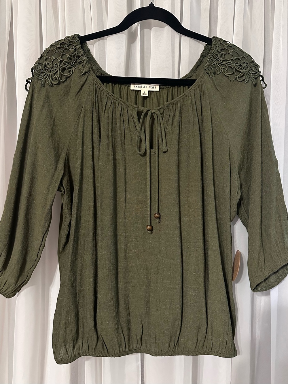 Parallel Skies Olive Green Peasant Split Sleeve Lace Shoulder Blouse Size L